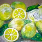 Antonina Sapone<br/>Limoni verdi di Sicilia, 2015, olio su tela ecrù grezza, cm 35 x 50